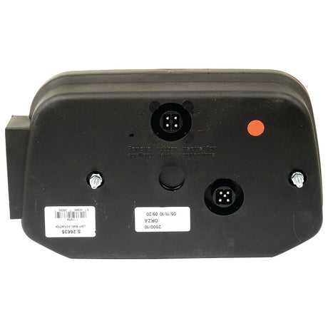 A black rectangular electrical device from Sparex, the Halogen Rear Combination Light 12V, LH - S.26635, featuring connectors, screws, and a barcode sticker on the front; designed to support 12V halogen systems.