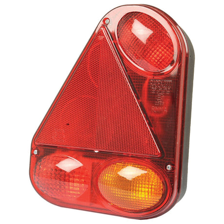 A close-up of the Halogen Rear Combination Light 12V, LH - S.26640 by Sparex, featuring a red triangle taillight, two circular red reflectors, one circular yellow reflector, and stud connections for easy installation.