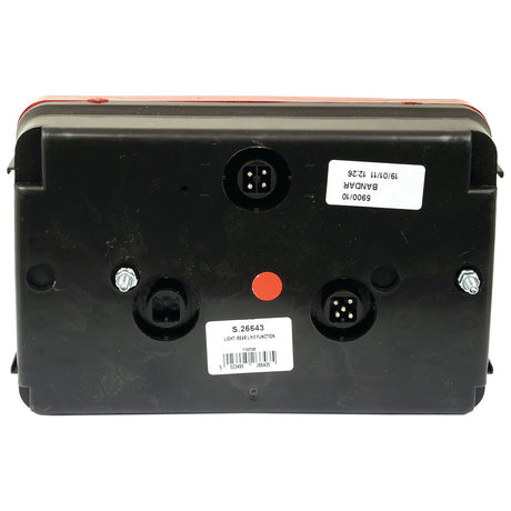 A rectangular light assembly with three connector ports and attached labels, viewed from the back. The Sparex Rear Combination Light (Halogen), LH, 12V with six functions—Brake, Tail, Indicator, Fog, Number Plate, Reflector—ensures reliable performance for your vehicle's lighting needs.