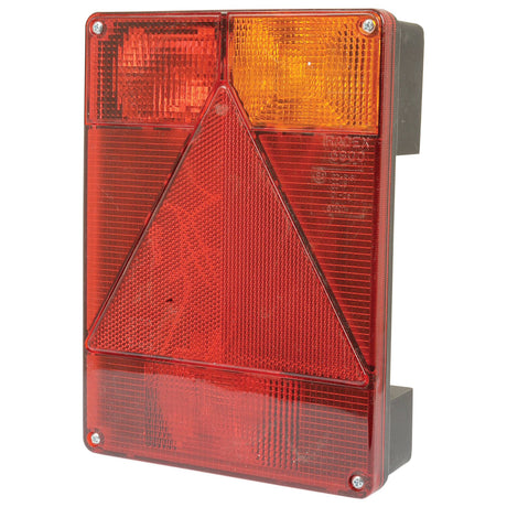 The Halogen Rear Combination Light 12V, RH - S.26652 by Sparex is a rectangular vehicle taillight assembly with amber, red, and triangular reflectors, featuring quick connectors for easy installation.