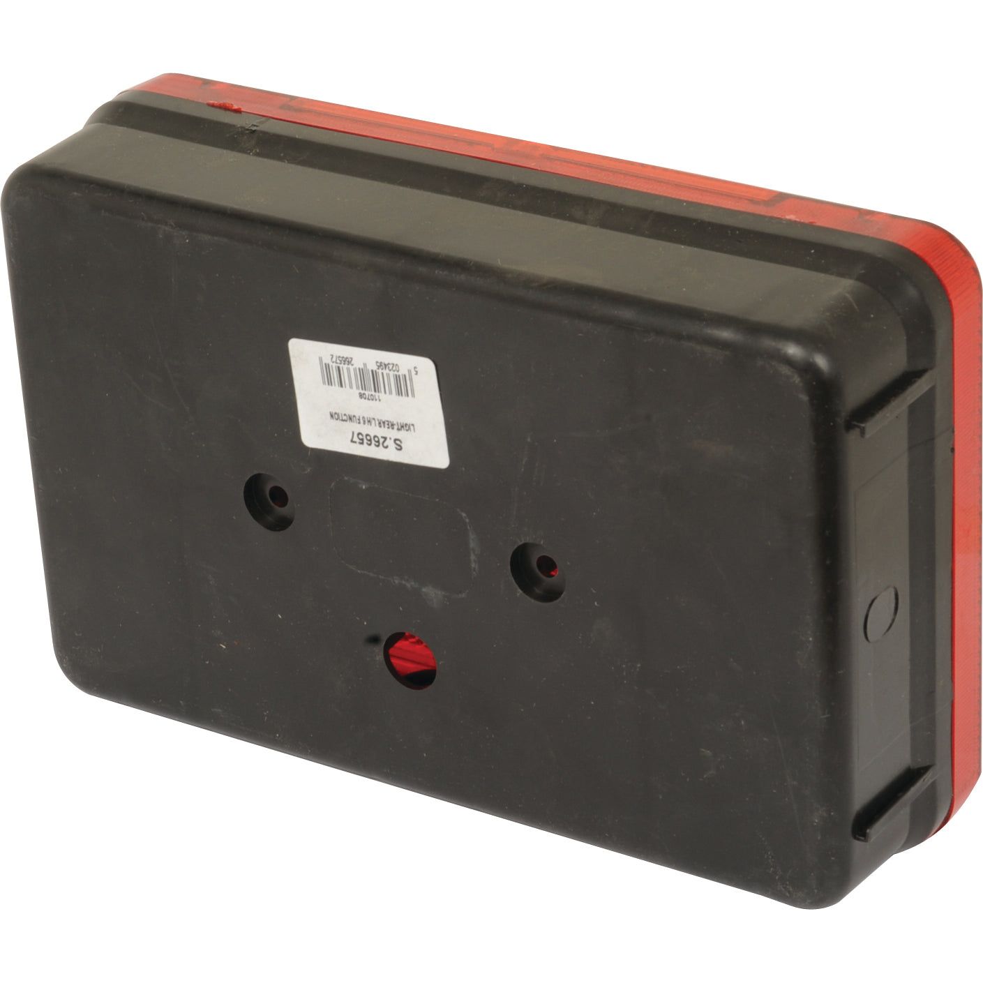 A Sparex rear combination light featuring a rectangular black and red plastic design with two circular holes and a barcode sticker on one side. This halogen light, model S.26657, serves six functions including brake, tail, indicator, fog, number plate illumination, and reflector for the left-hand side at 12V.