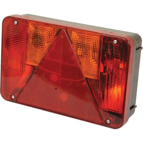 The Halogen Rear Combination Light 12V, RH - S.26658 by Sparex is a rectangular red and orange vehicle tail light with a central red triangular reflector. It features multiple reflective surfaces and comes with mounting screws for easy installation.