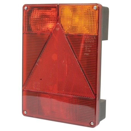 The Halogen Rear Combination Light 12V, RH - S.26660 from Sparex is a rectangular vehicle tail light with orange, red, and reflective sections. It includes a red triangular shape in the center of the red section and uses a Sparex Bulb for optimal brightness.