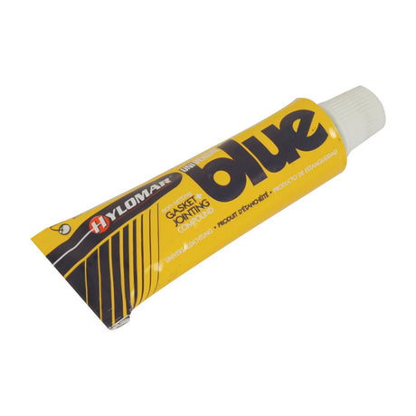 A yellow tube of Sparex Hylomar Non Setting Gasket and Jointing Compound - Universal Blue 40g (Part No. S.26671) with a white cap, featuring printed branding that emphasizes its effective non-setting gasket properties.