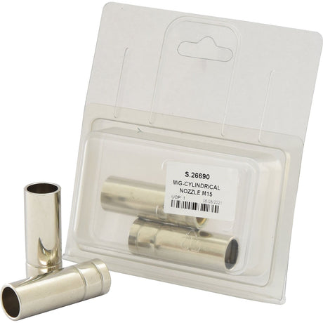 Packaging with three silver cylindrical nozzles labeled "MIG-CYLINDRICAL NOZZLE M15 - S.26690," brought to you by Sparex.