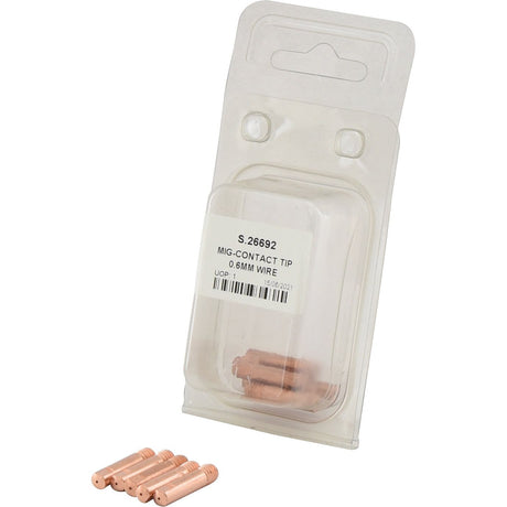 A packaged set of welding contact tips labeled "MIG Contact Tip 0.6mm wire (Agripak 5 pcs.), Sparex Part No.S.26692" with five loose copper-colored tips laid out in front.