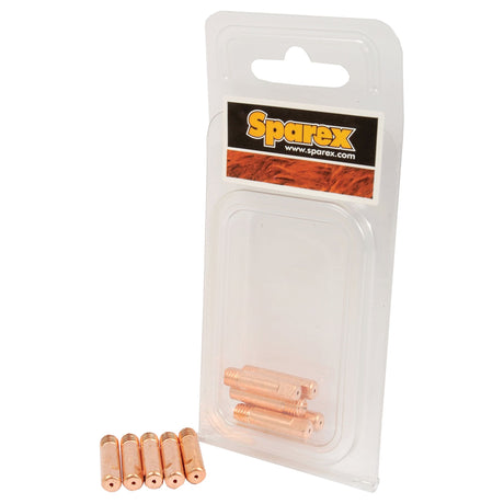 A package labeled "MIG Contact Tip 0.9mm wire (Agripak 5 pcs.)" from Sparex containing five small copper-colored cylindrical components, with an additional five M6 x 25mm components placed in front.