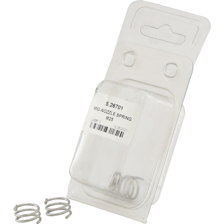 Two metal springs placed next to a clear plastic package labeled "MIG-NOZZLE SPRING M25 - S.26701" with a product code "S.26701" and branded by Sparex.