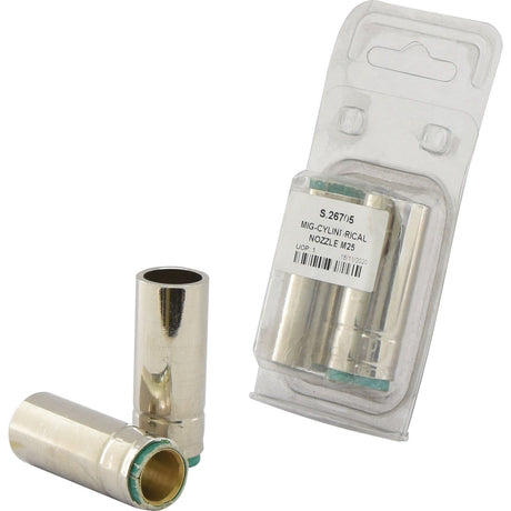 Two cylindrical metal nozzles, one standing and one lying down, are placed next to a clear plastic package containing two additional identical nozzles. The package label reads "MIG-CYLINDRICAL NOZZLE M25 - S.26705" by Sparex.