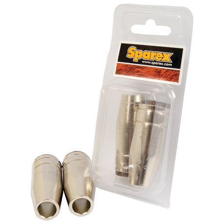 A package of Sparex MIG-TAPER NOZZLE M25 - S.26706 welding nozzles in plastic packaging, with two additional MIG Taper Nozzles placed next to the package.