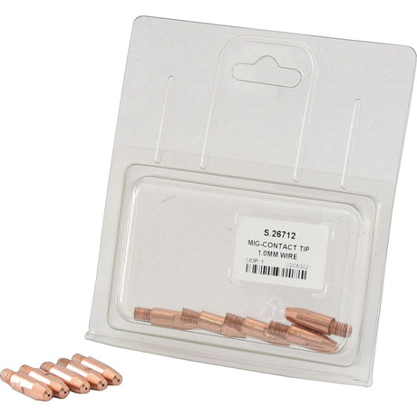 Packaged set of five MIG Contact Tip 1.0mm wire (Agripak) - Sparex Part No.S.26712, with six M6 x 28mm copper contact tips for 1.0mm wire displayed outside the packaging.