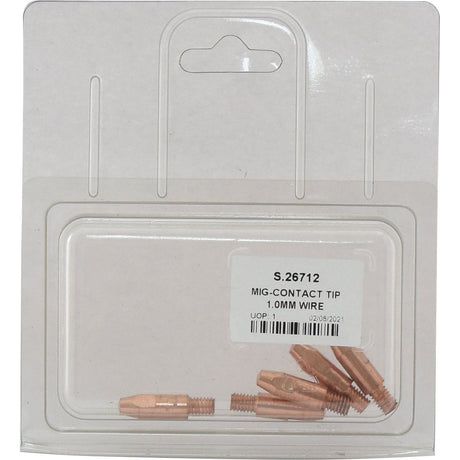 Plastic packaging containing five MIG Contact Tip 1.0mm wire (Agripak 5 pcs.) copper contact tips, Sparex Part No. S.26712, with labeling information on the front.