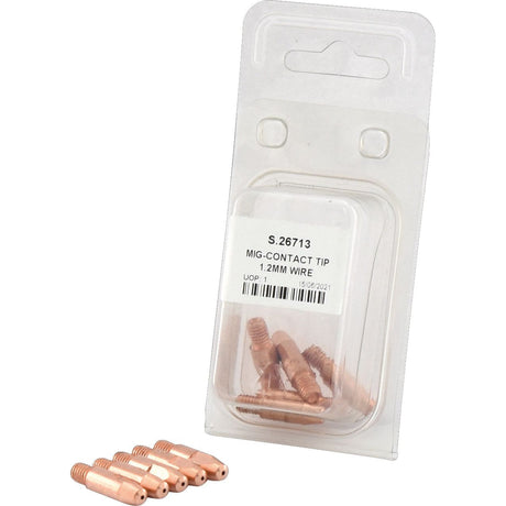 A sealed plastic package labeled "S.26713" is visible, containing five Sparex MIG Contact Tips for 1.2mm wire (Agripak).