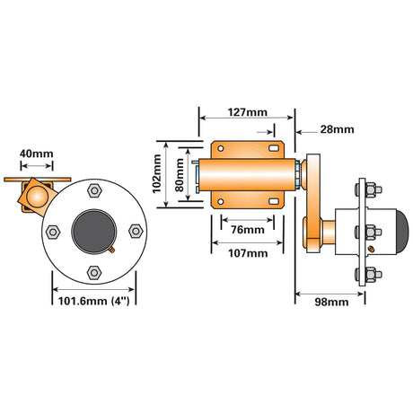 Technical drawing of the Sparex SUSPENSION UNIT-PAIR 200KG (Sparex Part No.S.26715) with measurements. The dimensions are marked in millimeters, including 127mm, 102mm, 40mm, 28mm, and 101.6mm (4"), designed to handle a maximum load of 200kg.