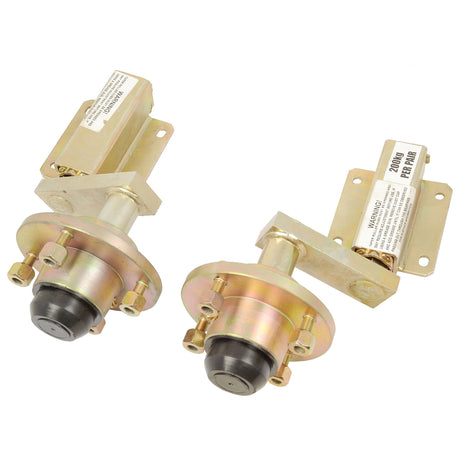 Two gold-colored mechanical parts featuring cylindrical and rectangular components, along with labels and mounting brackets, designed for industrial or automotive use. Each part, branded as Sparex's SUSPENSION UNIT-PAIR 200KG (Sparex Part No.S.26715), can function as a Mini Hub capable of supporting a maximum load of 200kg.