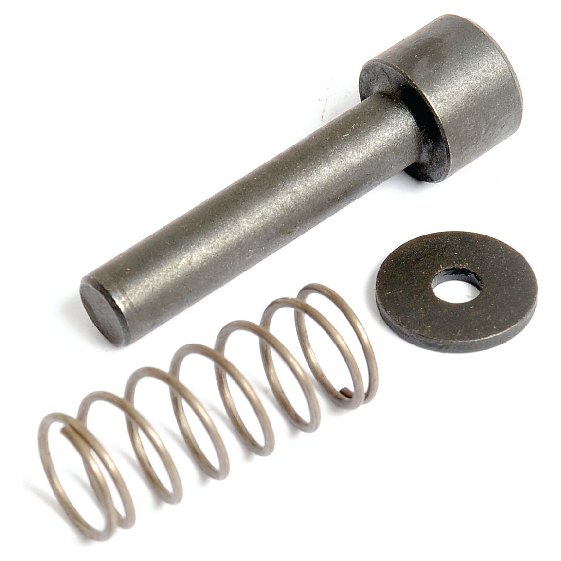 Arranged on a white surface are a metal rod, a PTO Yoke Pin (Ø:9mm) by Sparex - Part No.S.26744, and a flat washer.