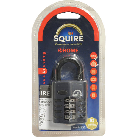 The packaging of the Sparex Squire Recodable CP Combination Padlock (model S.26746) features a clear plastic case that displays product information against a red and blue background. The padlock has a die-cast body with a 50mm width and a security rating of 5.