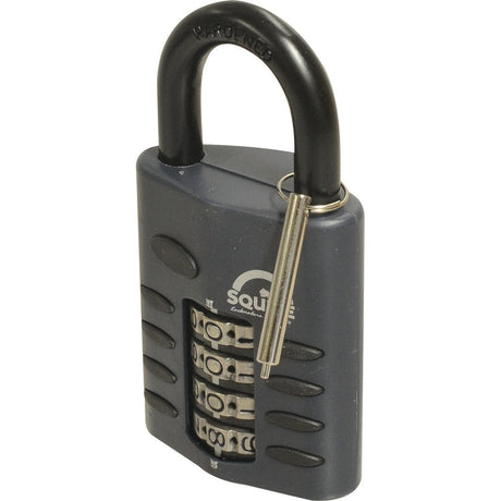 The Squire Recodable CP Combination Padlock by Sparex (S.26746) features a 50mm die-cast body in black with a high-security rating of 5. It includes four dials for setting the combination and boasts weather protection for enhanced durability, with a key inserted on the side for added convenience.