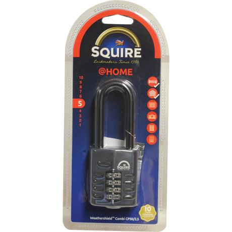 A packaged Squire Recodable CP Combination Padlock from Sparex, featuring a durable die-cast body with a 50mm width and silver dials. The packaging emphasizes its corrosion resistance, weather protection, and includes a 10-year guarantee. This heavy-duty security solution boasts a security rating of 5, making it ideal for ultimate durability and reliability.