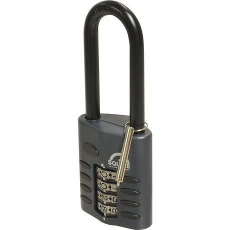 A black Squire Recodable CP Combination Padlock with a die-cast body measuring 50mm, featuring four dials for setting the code and a key hanging from the shackle. The brand "Sparex" is visible on the lock body, known for its heavy-duty security (security rating: 5) and corrosion resistance.