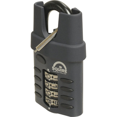 A Sparex Squire Recodable CP Combination Padlock - Die Cast, featuring a 50mm black body with a protected shackle, showcasing four dial wheels and an optional key for enhanced heavy-duty security (Security rating: 6) - S.26748.