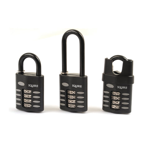 Three Squire Recodable CP Combination Padlocks with a die-cast design and varying body sizes are displayed against a white background. Branded "Sparex," these heavy-duty security locks feature numeric dials for setting the combination and offer excellent corrosion resistance. The featured model has a 50mm body width and a security rating of 6 (Product Code: S.26748).