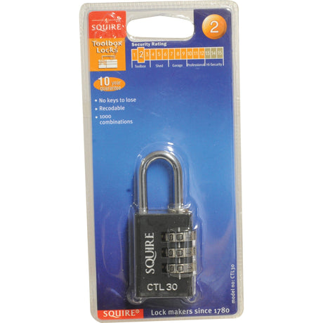 The Squire Recodable Toughlock Combination Padlock from Sparex, with a die-cast body measuring 30mm in width and a security rating of 2, is labeled "Toolbox Locks". It features a solid steel shackle and offers 1000 recodable combinations without the need for keys. The packaging highlights a 10-year guarantee and notes that the lock makers have been established since 1780.