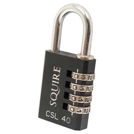 The Squire Recodable Toughlock Combination Padlock from Sparex features a black die-cast lock body with "Squire" and "CSL 40" etched onto it. With a solid steel shackle and four rotating dials to set your combination, this padlock provides robust security. The body width is 38mm and it has a security rating of 4.