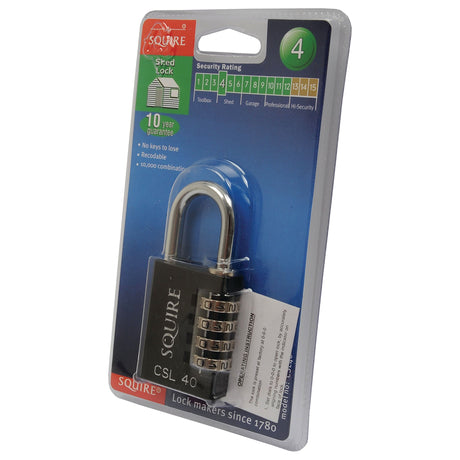 The Sparex Squire Recodable Toughlock Combination Padlock, identified as the S.26750, comes with a die-cast body measuring 38mm in width. It features a solid steel shackle and 4 dials, offering over 10,000 possible combinations. The packaging also highlights its 10-year guarantee and security rating of 4.