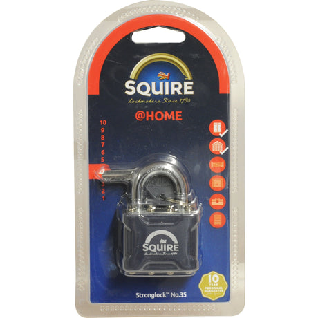 A packaged Squire Stronglock Pin Tumbler Padlock by Sparex, featuring a steel body with a width of 38mm and a security rating of 4. The packaging displays the product name and showcases its durable construction and double deadlocking mechanism, with icons on the right indicating its suitability for securing various items.