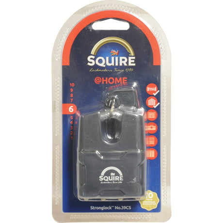 A Sparex brand Squire Stronglock Pin Tumbler Padlock, model No. S.26755 with a 51mm steel body (security rating: 6), comes in its packaging, emphasizing its use for home security and featuring a robust pin tumbler mechanism along with double deadlocking for extra protection. The packaging also includes various icons illustrating its features.