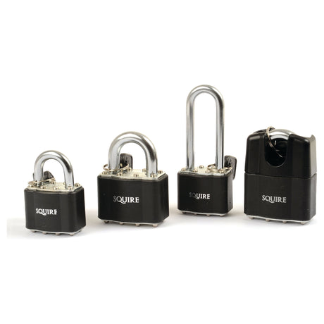 Four Sparex Squire Stronglock steel padlocks, each with a pin tumbler mechanism and varying body widths, are arranged in a row on a white background.