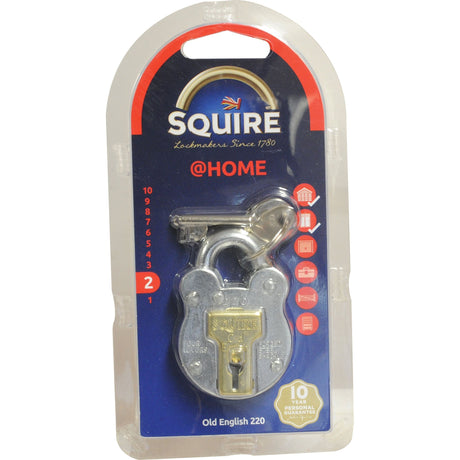 A packaged Squire Old English Padlock - Steel with a body width of 38mm (Security rating: 2), under the brand name Sparex, includes a key. The packaging displays the Squire logo, product details, and icons indicating various usage scenarios, including durability in outdoor conditions.