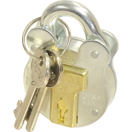 The Squire Old English Padlock by Sparex, featuring a steel body with a 38mm width and a brass keyhole, is ideal for harsh environments. It comes with two silver keys attached to the shackle by a small ring. (Security rating: 2) - S.26756