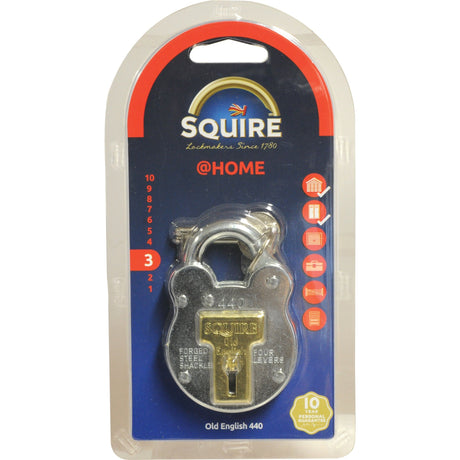 The Squire Old English Padlock by Sparex, model S.26757, features a 51mm wide steel body with a security rating of 3. It includes a forged steel shackle and four levers, making it designed for harsh environments. The packaging highlights its key features, making it ideal for outdoor use and showcases a distinctive red and blue color scheme.
