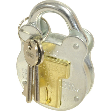 A robust steel padlock with a brass keyhole and two metal keys inserted in the lock. The inscription reads "SQUIRE Old English FOUR LEVERS." Ideal for harsh environments, this durable outdoor padlock from Sparex ensures your belongings stay securely protected. The Squire Old English Padlock (S.26757) features a 51mm body width and has a security rating of 3.