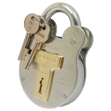 A resilient steel padlock labeled "Squire Old English Padlock - Steel" with a 64mm body width and two keys inserted into the lock, perfect for enduring harsh environments, branded by Sparex. (S.26758)