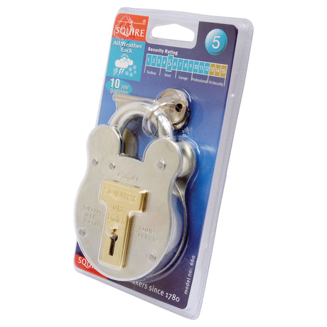 A silver-colored Squire Old English Padlock made of steel, with a body width of 64mm and a security rating of 3, perfect for harsh environments. It comes in its original packaging and is labeled as model S.26758 by the brand Sparex. Additionally, it includes a 10-year guarantee.