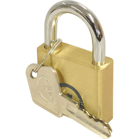 The Squire Solid Brass Lion Range Padlock (product code S.26759) by Sparex features a brass body with a width of 39.5mm and comes equipped with a silver shackle and two attached keys, making it an excellent security lock for toolboxes. It has a security rating of 3.