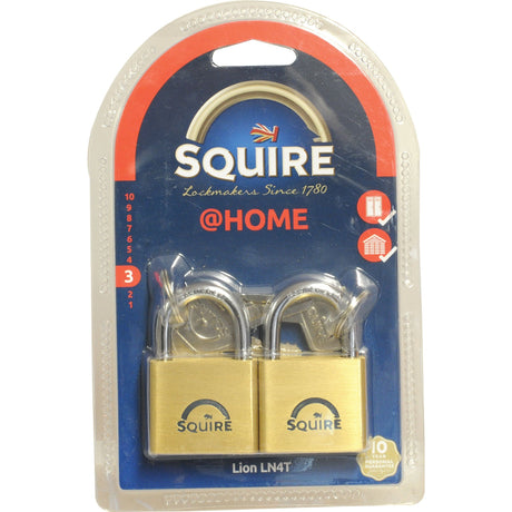 A packaged set of two Sparex-brand padlocks, from the Squire Solid Brass Lion Range, each featuring a body width of 39.5mm and a security rating of 3, labeled "@HOME" and wrapped in plastic. Perfect for securing your luggage or lockers, the packaging claims the brand has been making locks since 1780.