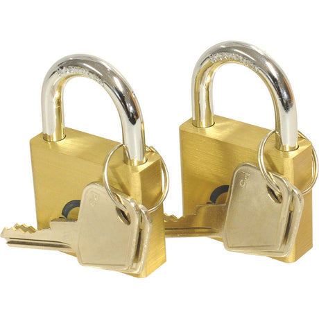 Two Squire Solid Brass Lion Range Padlocks from Sparex with their respective keys attached, placed side by side on a white background, perfect for securing luggage or lockers. These padlocks have a body width of 39.5mm and a security rating of 3 (Product Code: S.26760).