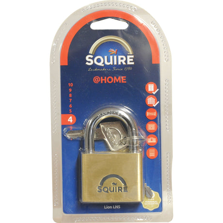 A packaged Squire Solid Brass Lion Range Padlock - Brass, Body width: 51mm (Security rating: 4) with a set of keys. The blue and orange packaging showcases the Sparex brand name, security level, and icons indicating uses for home security. Part of the Lion range, this padlock boasts a solid brass body for a superior level of security.