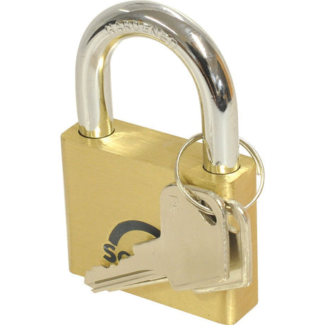 The Squire Solid Brass Lion Range Padlock by Sparex, featuring a 51mm solid brass body and two keys on a key ring, offers a superior level of security with a security rating of 4.