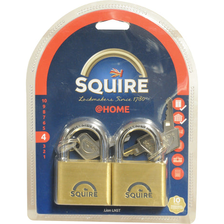 Two padlocks from the Squire Solid Brass Lion Range, distributed by Sparex, are available in retail packaging. Each lock has a 51mm wide solid brass body and comes with its own set of keys. Suitable for indoor and outdoor use, the packaging highlights "Lockmakers Since 1780" and offers a reassuring "10 Year Warranty.