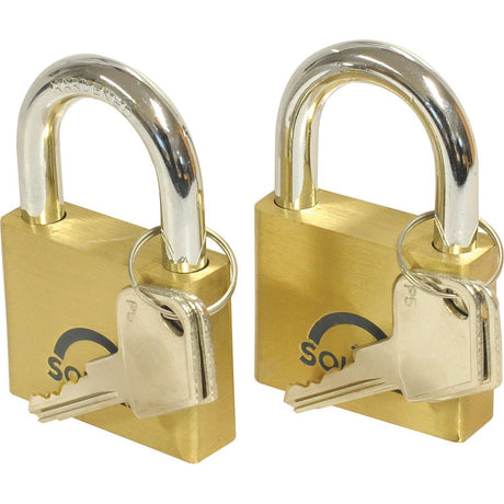 Two Squire Solid Brass Lion Range Padlocks from Sparex, featuring 51mm wide brass bodies and shiny silver shanks, each accompanied by two keys, designed for indoor and outdoor use. Security rating: 4. Product code: S.26763.