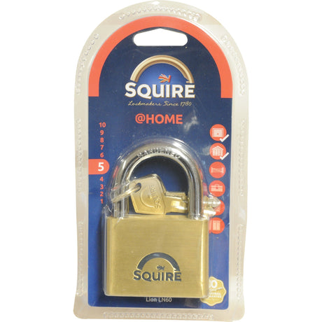 A packaged Squire Solid Brass Lion Range Padlock with two keys. The blue, transparent package details this robust outdoor lock's security features and the Sparex brand's proud establishment year, 1780.