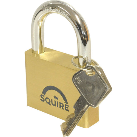 A Sparex Squire Solid Brass Lion Range Padlock (Body width: 60mm) with a chrome-plated shackle and two keys inserted in the lock, has the brand name "SQUIRE" printed on the security padlock's body.