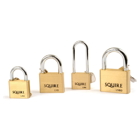 Four brass body locks of different sizes, featuring the brand name "Sparex" and model numbers "LN4," "LN5," "LN4," and "LN60" engraved on them. These secure, durable outdoor locks include the Squire Solid Brass Lion Range Padlock with a 60mm body width (Security rating: 5), making them perfect for enhancing your security.