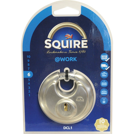 The packaging of the Sparex Squire DCL Range Padlock (S.26765), featuring a 70mm wide stainless steel body, is designed for work and includes a hardened steel shackle, 10-year personal guarantee, and icons indicating weatherproofing, cutting, and corrosion resistance. This robust lock boasts a reliable 5 pin tumbler mechanism for enhanced security and carries a security rating of 6.