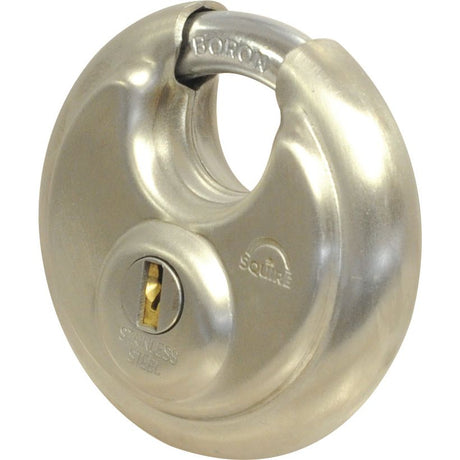 A Sparex Squire DCL Range Padlock, featuring a round body made of stainless steel with a 70mm width and a security rating of 6, includes a hardened steel shackle with the texts "SQUIRE" and "BORON" engraved on it. This padlock, which incorporates a 5 pin tumbler lock mechanism, is showcased against a white background.